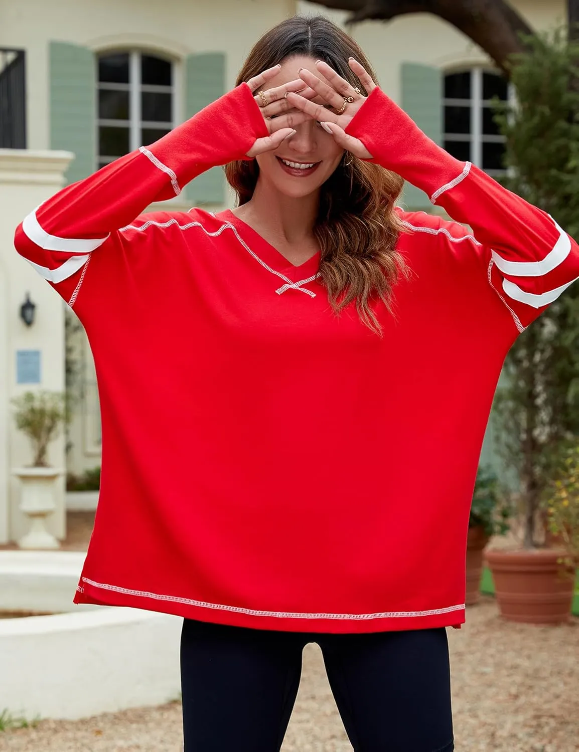 Gozoloma Women's Oversized Long Sleeve Tee Shirt Pullover Pull-on V Neck Basic Blouse Tunic Top with Thumbholes