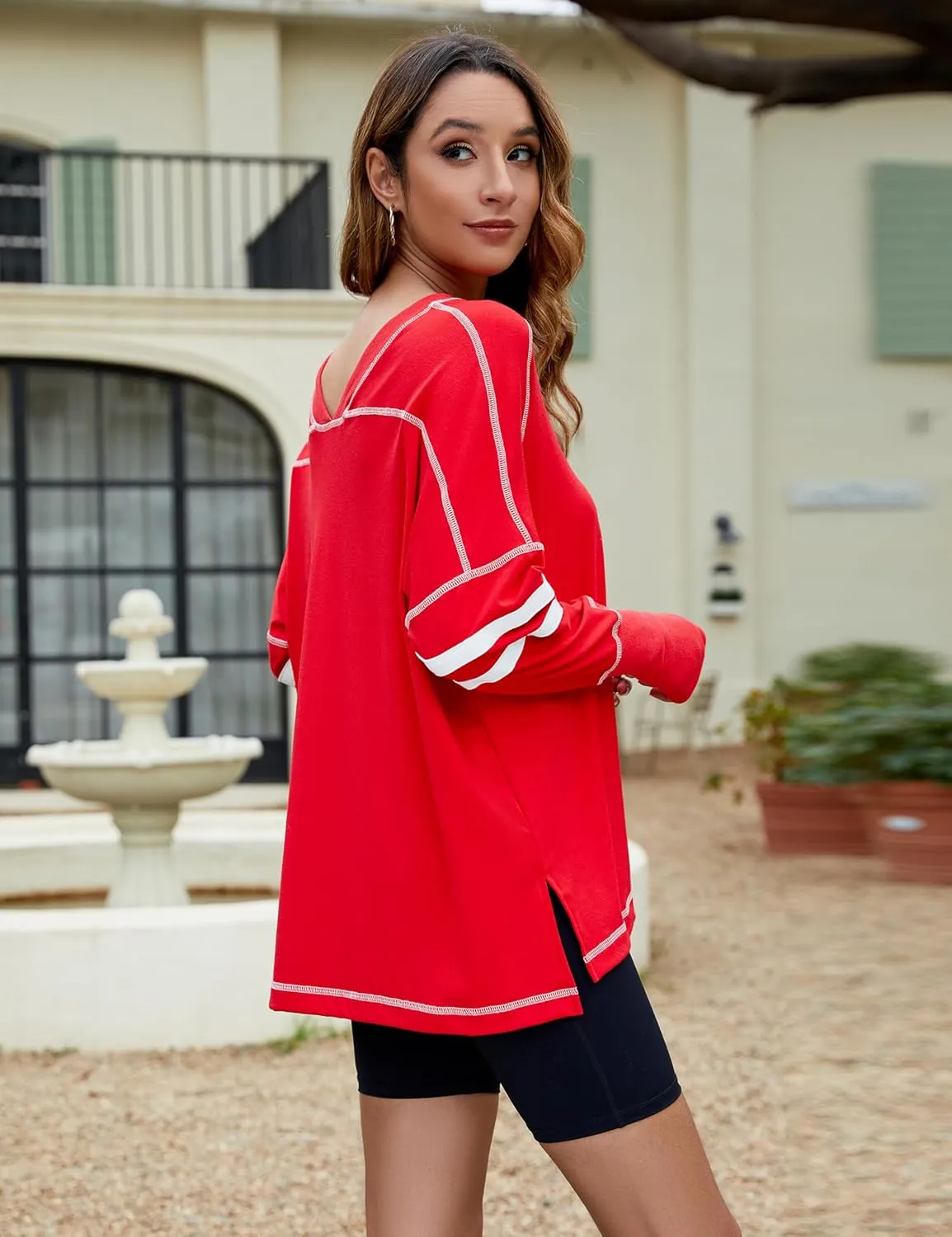 Gozoloma Women's Oversized Long Sleeve Tee Shirt Pullover Pull-on V Neck Basic Blouse Tunic Top with Thumbholes