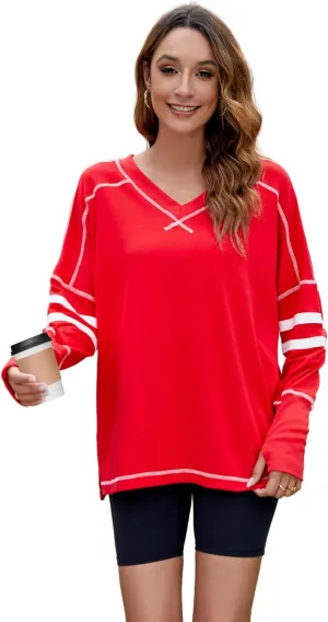 Gozoloma Women's Oversized Long Sleeve Tee Shirt Pullover Pull-on V Neck Basic Blouse Tunic Top with Thumbholes