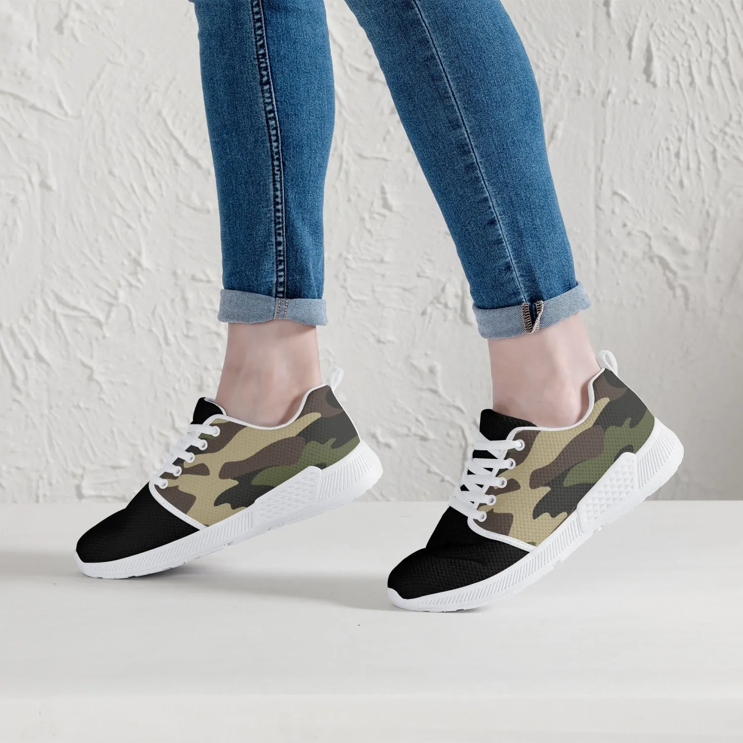 Green Camo Mesh Running Shoes - White/Black Sole