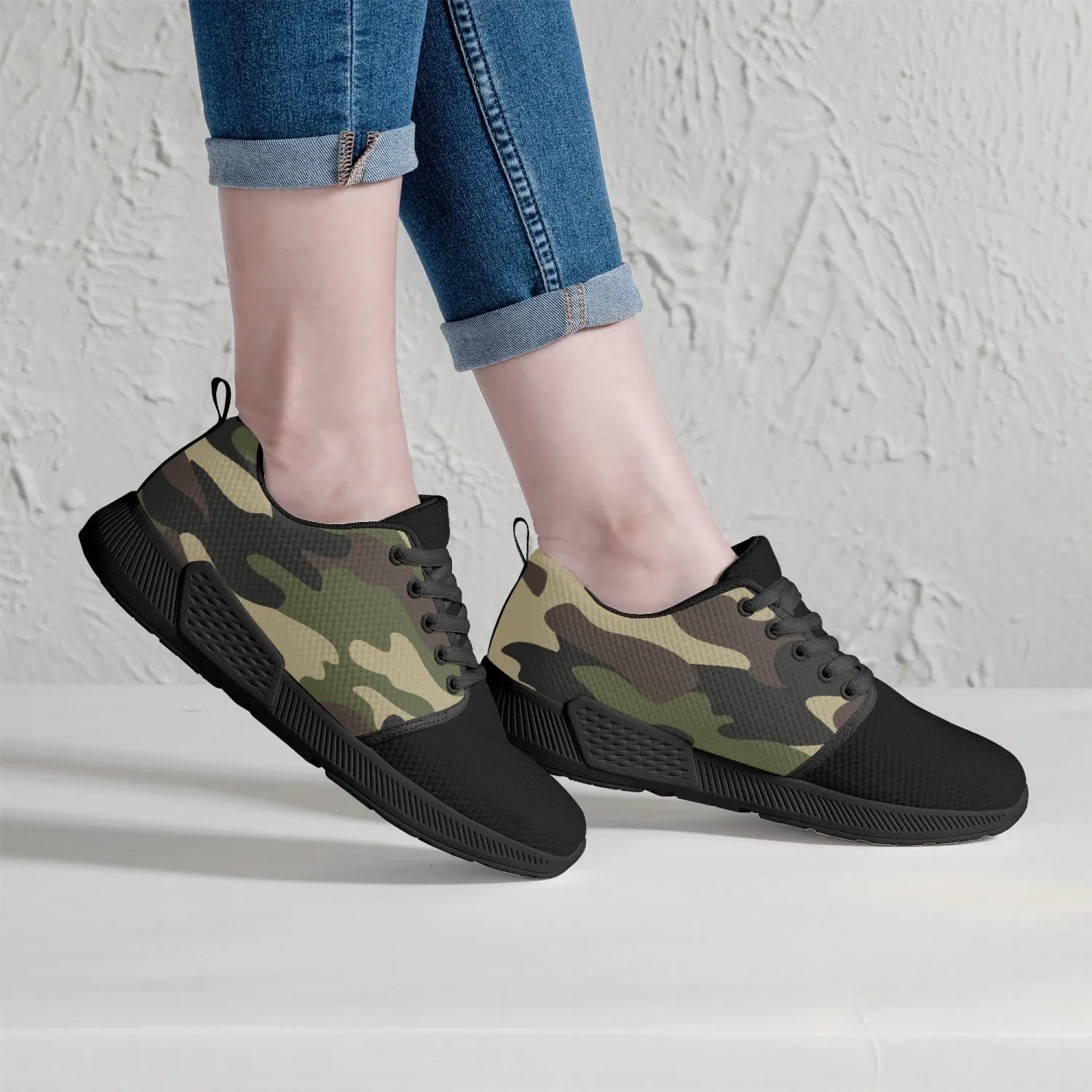 Green Camo Mesh Running Shoes - White/Black Sole