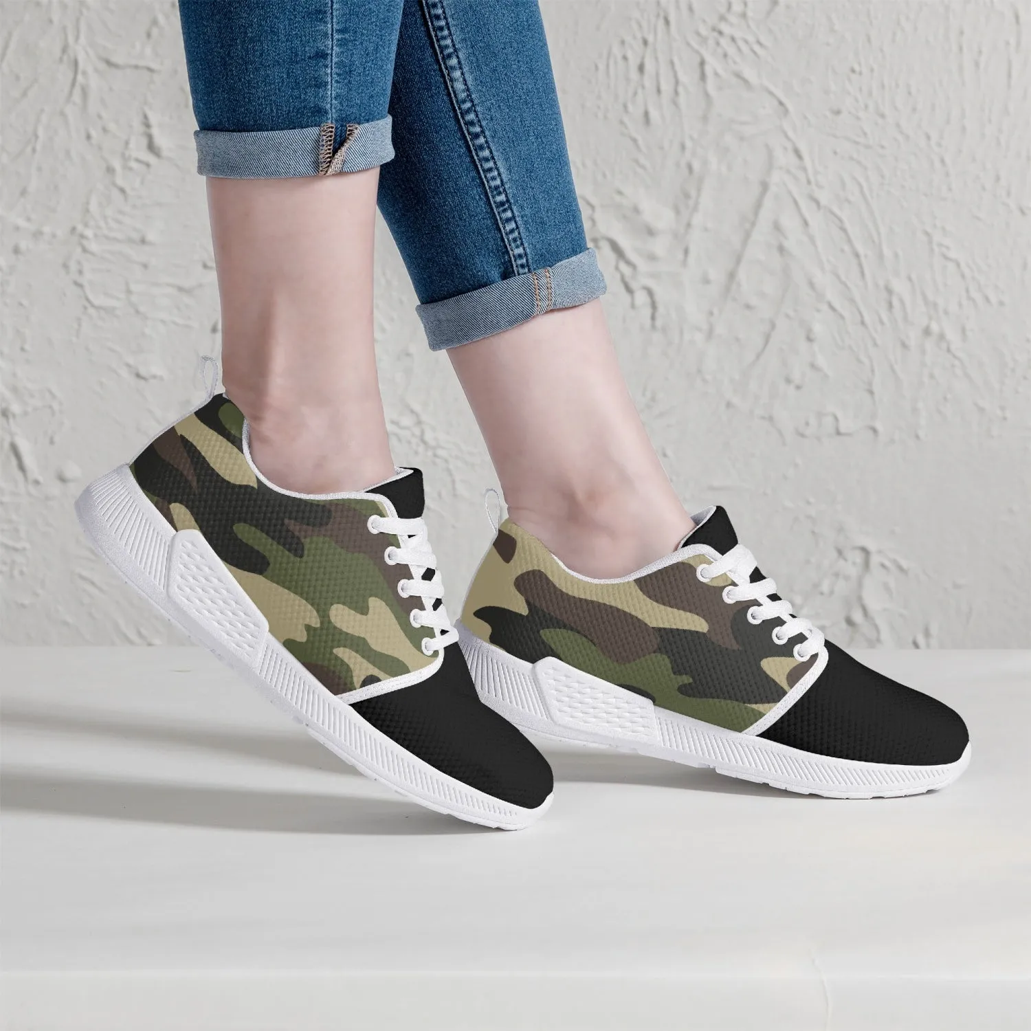 Green Camo Mesh Running Shoes - White/Black Sole