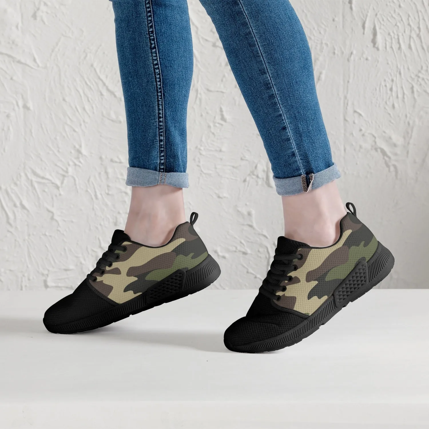Green Camo Mesh Running Shoes - White/Black Sole