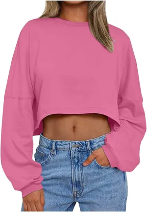Gumipy Crewneck Sweatshirts Women Long Sleeve Cropped Sweatshirt Sweater Trendy Drop Shoulder Pullover Tops Comfy Winter Tops