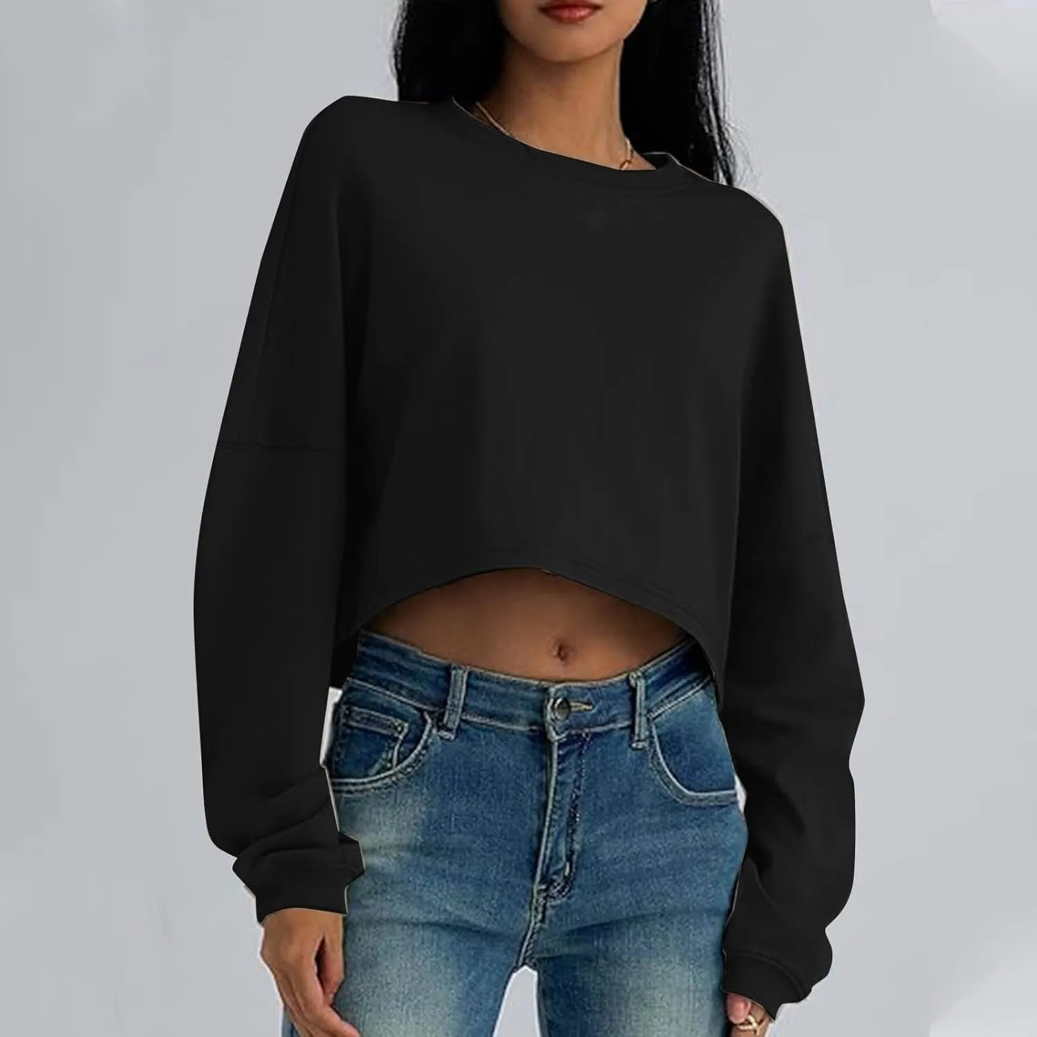 Gumipy Crewneck Sweatshirts Women Long Sleeve Cropped Sweatshirt Sweater Trendy Drop Shoulder Pullover Tops Comfy Winter Tops