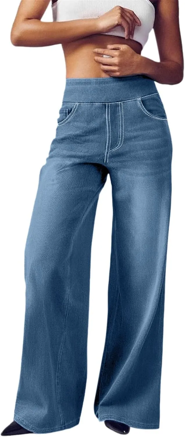 High Waist Wide Leg Jeans for Women Loose Stretch Denim Pant with Pocket Stylish Workout Travel Skinny Casual Outfits
