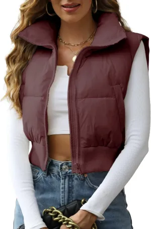 Hixiaohe Women's Winter Crop Vest Puffer Lightweight Stand Collar Padded Vest Zip Up Sleeveless Jacket