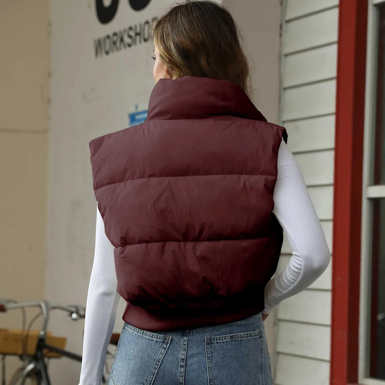 Hixiaohe Women's Winter Crop Vest Puffer Lightweight Stand Collar Padded Vest Zip Up Sleeveless Jacket