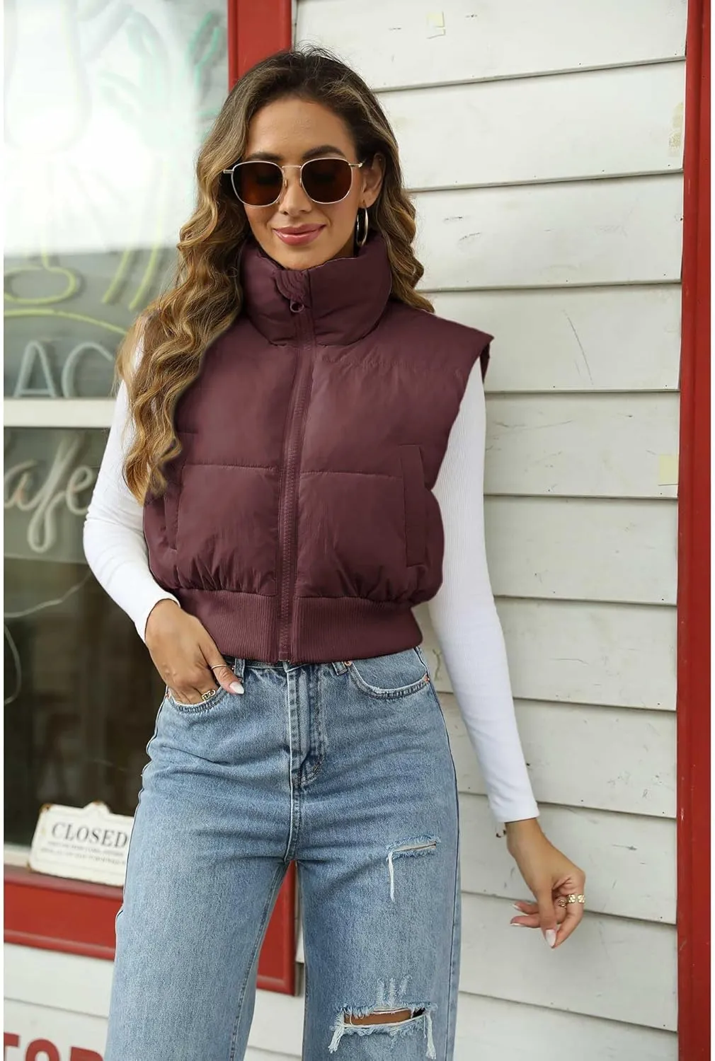 Hixiaohe Women's Winter Crop Vest Puffer Lightweight Stand Collar Padded Vest Zip Up Sleeveless Jacket