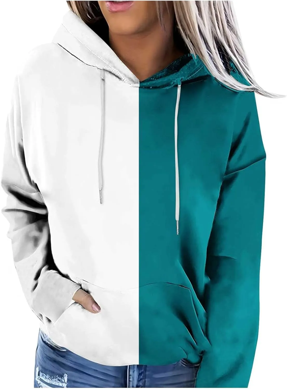 Hoodies for Women Casual Long Sleeve Color Block Tops Oversized Sweatshirts Cute Loose Fitted Pullover with Pockets