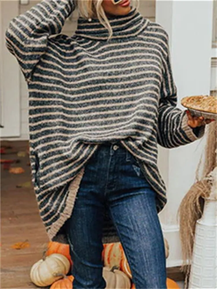 HOULENGS Women's 2023 Striped Turtleneck Pullover Sweater Oversized Long Sleeve Ribbed Knit Jumper Tops with Pockets