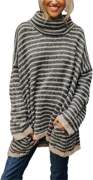 HOULENGS Women's 2023 Striped Turtleneck Pullover Sweater Oversized Long Sleeve Ribbed Knit Jumper Tops with Pockets