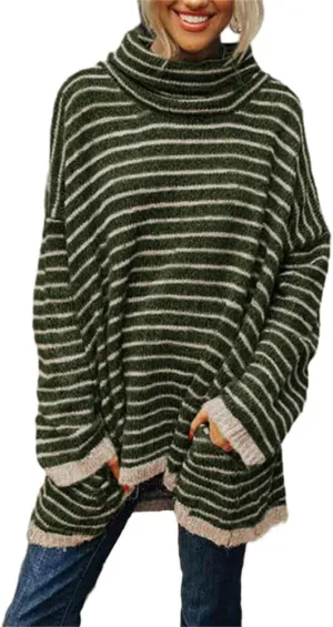 HOULENGS Women's 2023 Striped Turtleneck Pullover Sweater Oversized Long Sleeve Ribbed Knit Jumper Tops with Pockets