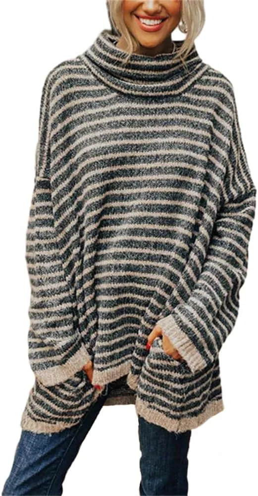 HOULENGS Women's 2023 Striped Turtleneck Pullover Sweater Oversized Long Sleeve Ribbed Knit Jumper Tops with Pockets