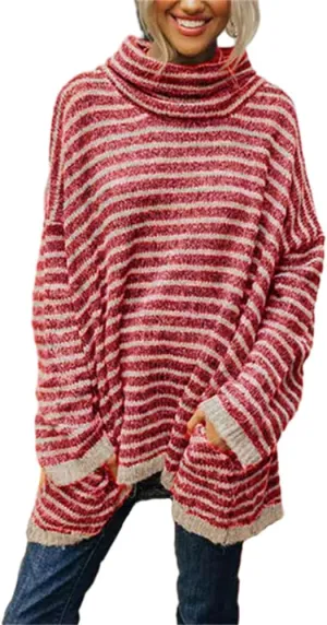 HOULENGS Women's 2023 Striped Turtleneck Pullover Sweater Oversized Long Sleeve Ribbed Knit Jumper Tops with Pockets