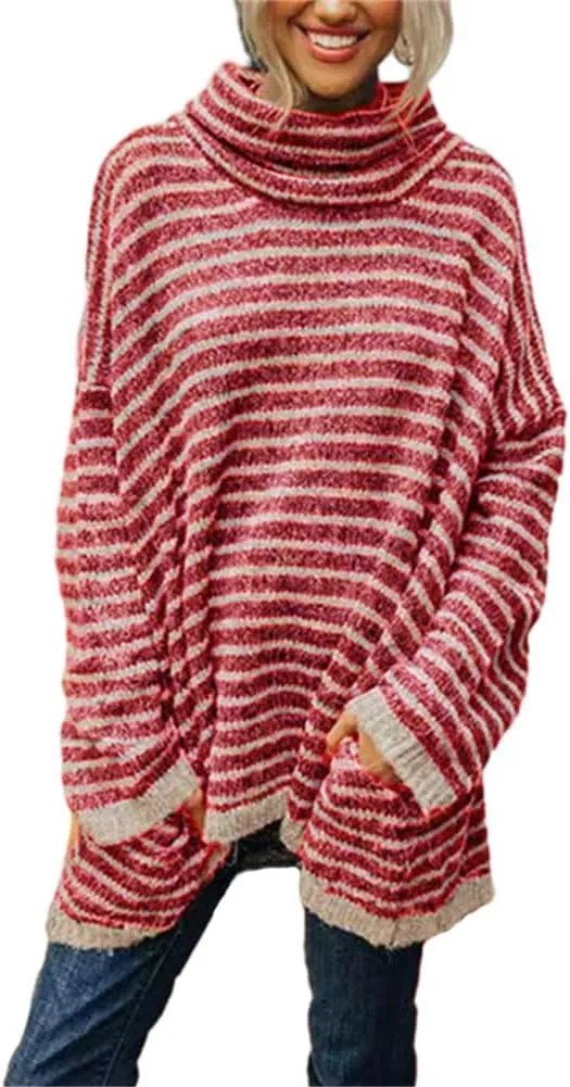HOULENGS Women's 2023 Striped Turtleneck Pullover Sweater Oversized Long Sleeve Ribbed Knit Jumper Tops with Pockets