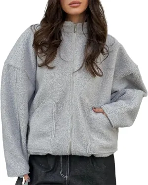 HOULENGS Women's Casual Wool Blend Long Sleeve Jacket Stand Collar Zip Up Varsity Jacket with Pockets
