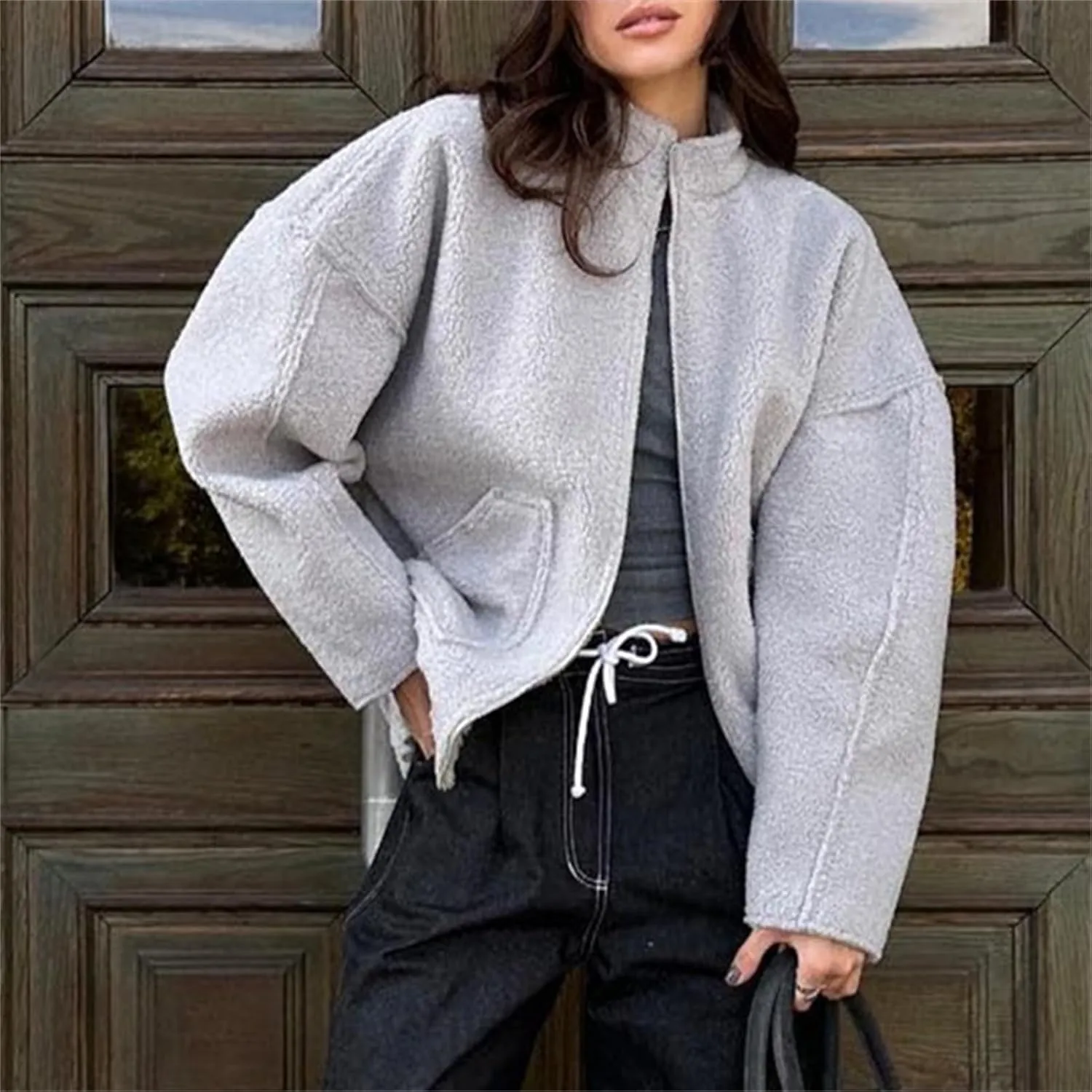 HOULENGS Women's Casual Wool Blend Long Sleeve Jacket Stand Collar Zip Up Varsity Jacket with Pockets