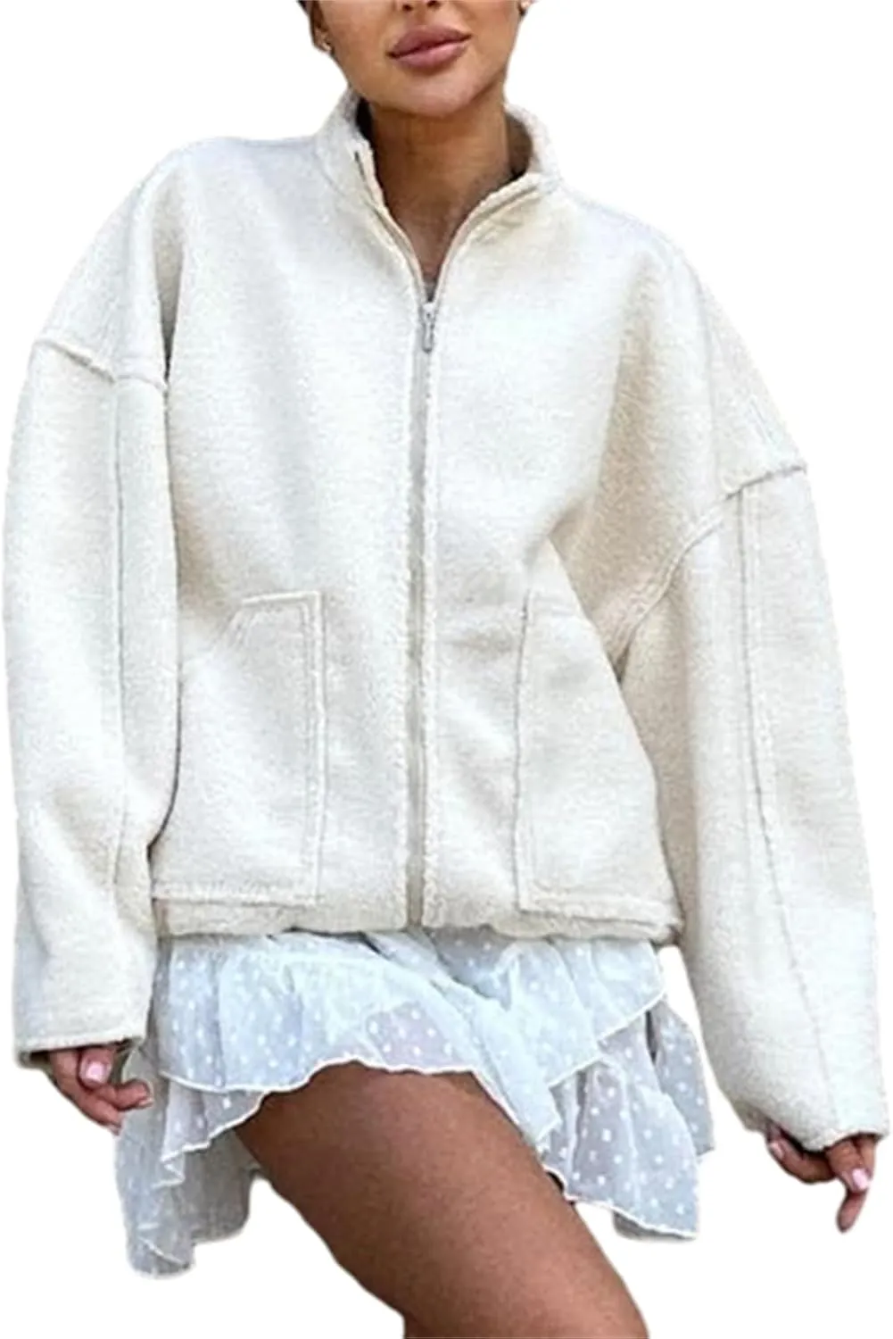 HOULENGS Women's Casual Wool Blend Long Sleeve Jacket Stand Collar Zip Up Varsity Jacket with Pockets