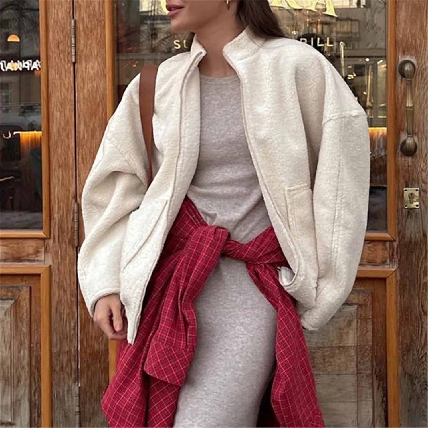 HOULENGS Women's Casual Wool Blend Long Sleeve Jacket Stand Collar Zip Up Varsity Jacket with Pockets
