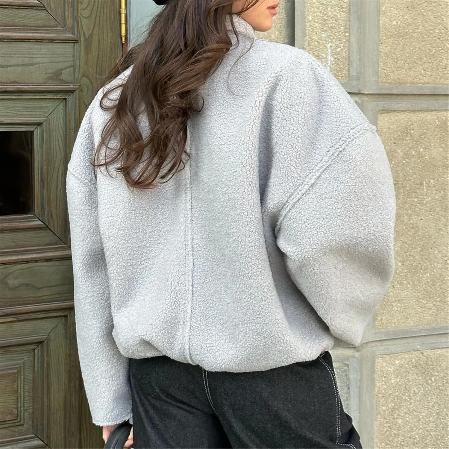 HOULENGS Women's Casual Wool Blend Long Sleeve Jacket Stand Collar Zip Up Varsity Jacket with Pockets