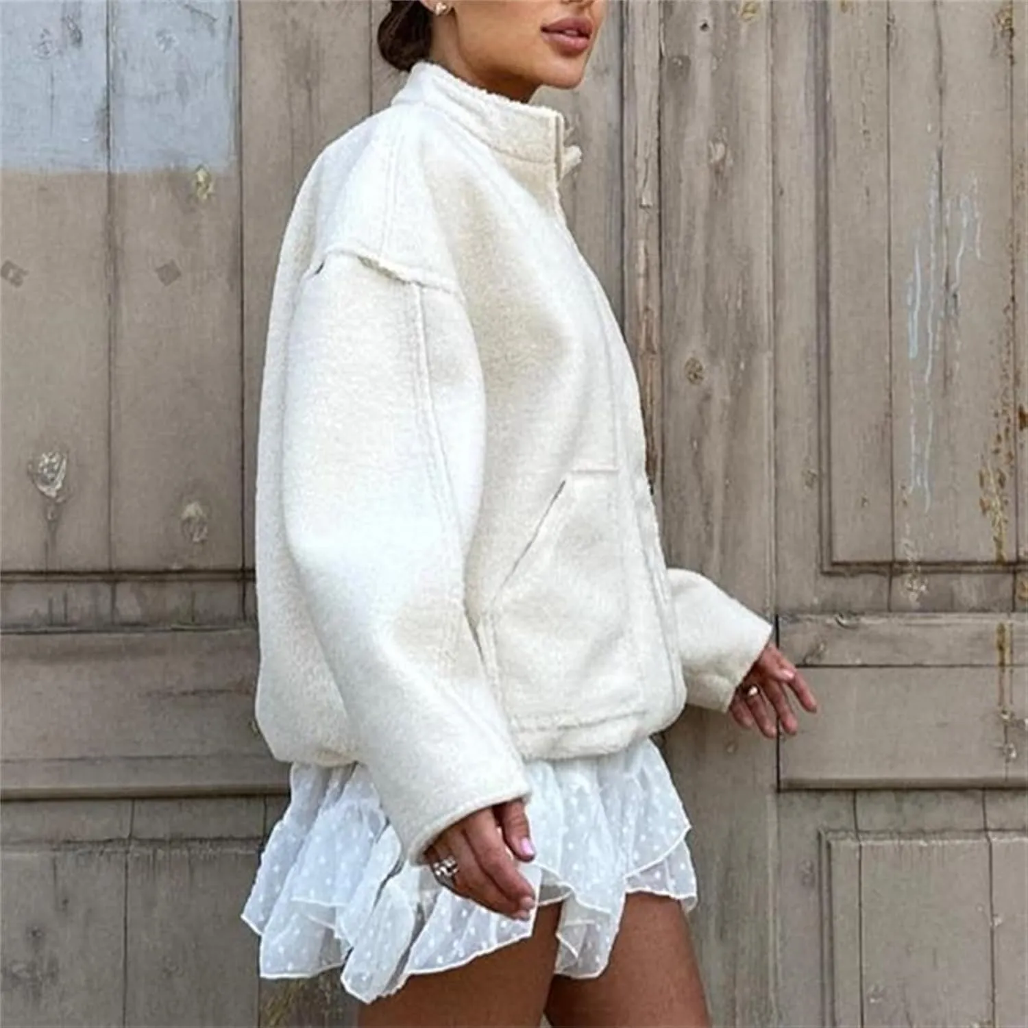 HOULENGS Women's Casual Wool Blend Long Sleeve Jacket Stand Collar Zip Up Varsity Jacket with Pockets