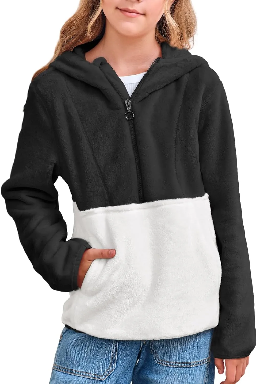 Imily Bela Girls Fuzzy Sherpa Hoodies Kids Trendy Fleece Color Block Half Zip Pullover Sweatshirt with Pocket
