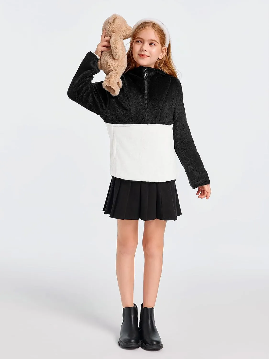 Imily Bela Girls Fuzzy Sherpa Hoodies Kids Trendy Fleece Color Block Half Zip Pullover Sweatshirt with Pocket