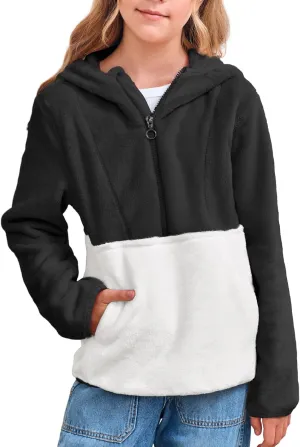 Imily Bela Girls Fuzzy Sherpa Hoodies Kids Trendy Fleece Color Block Half Zip Pullover Sweatshirt with Pocket