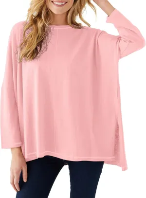 Imily Bela Womens Oversized Tops Long Sleeve Shirts Exposed Line Round Neck Tee Side Slit Cotton Basic Top 2025