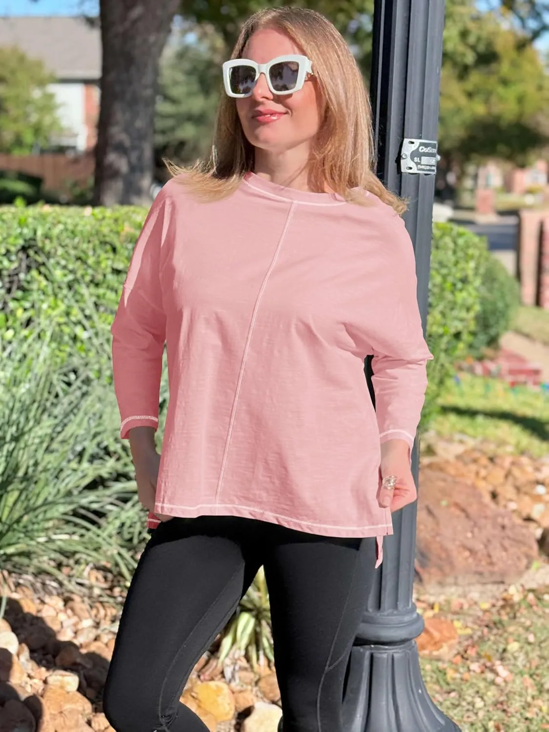Imily Bela Womens Oversized Tops Long Sleeve Shirts Exposed Line Round Neck Tee Side Slit Cotton Basic Top 2025