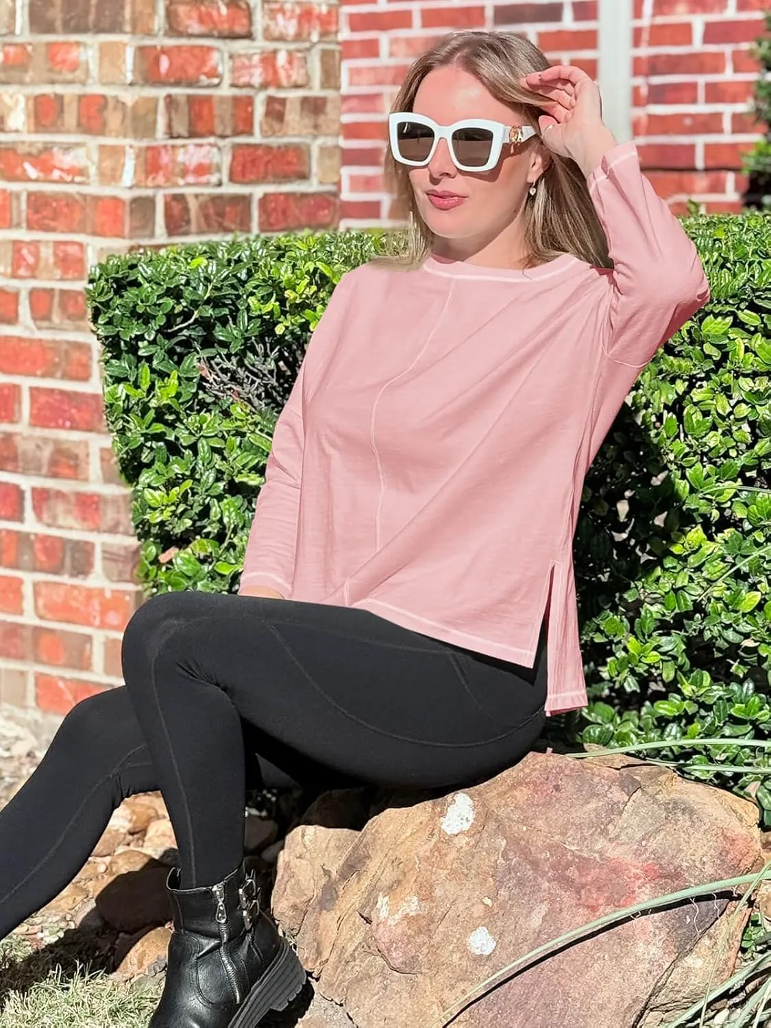 Imily Bela Womens Oversized Tops Long Sleeve Shirts Exposed Line Round Neck Tee Side Slit Cotton Basic Top 2025
