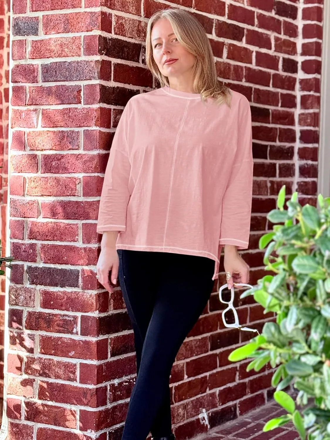 Imily Bela Womens Oversized Tops Long Sleeve Shirts Exposed Line Round Neck Tee Side Slit Cotton Basic Top 2025