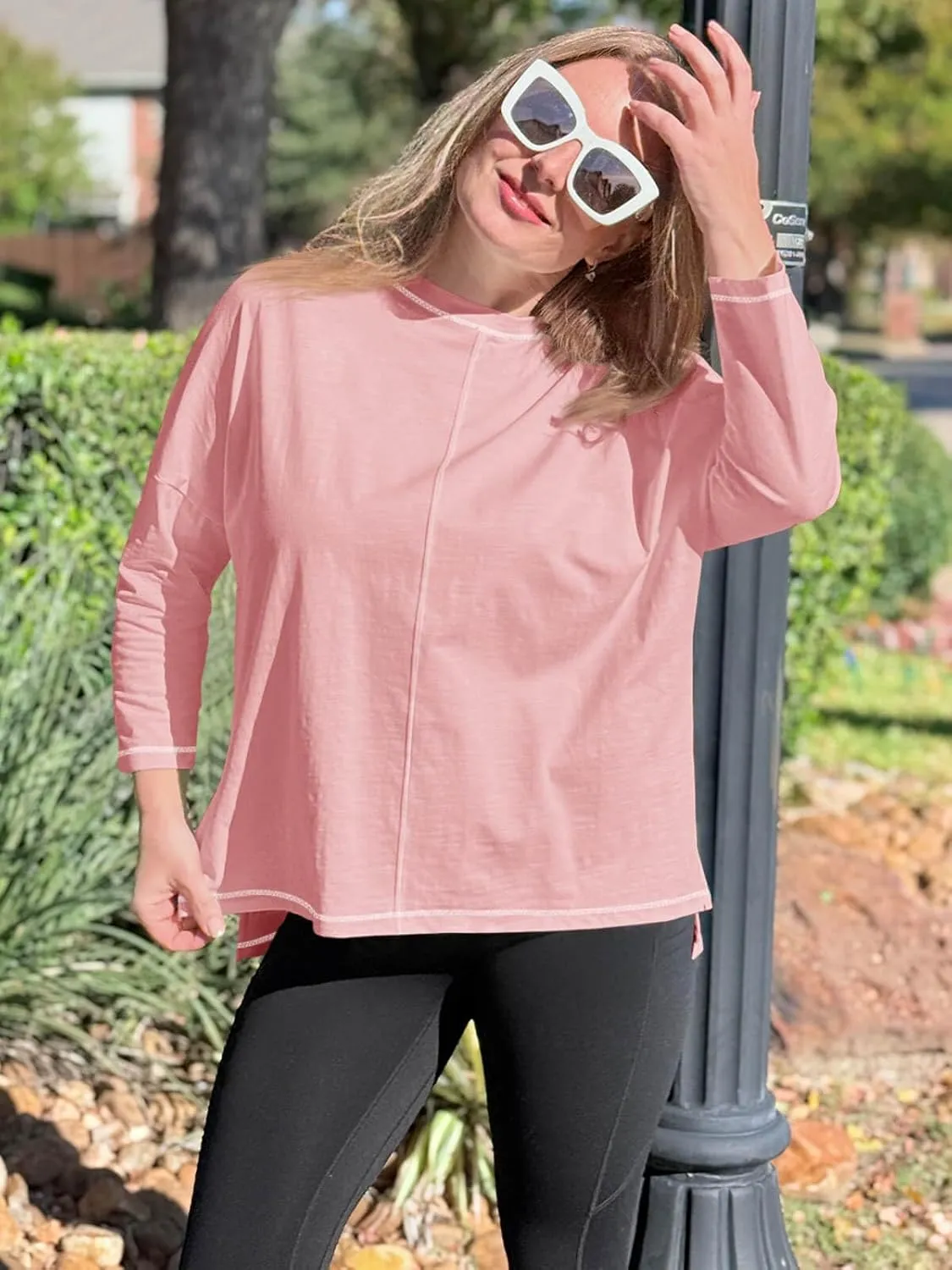 Imily Bela Womens Oversized Tops Long Sleeve Shirts Exposed Line Round Neck Tee Side Slit Cotton Basic Top 2025