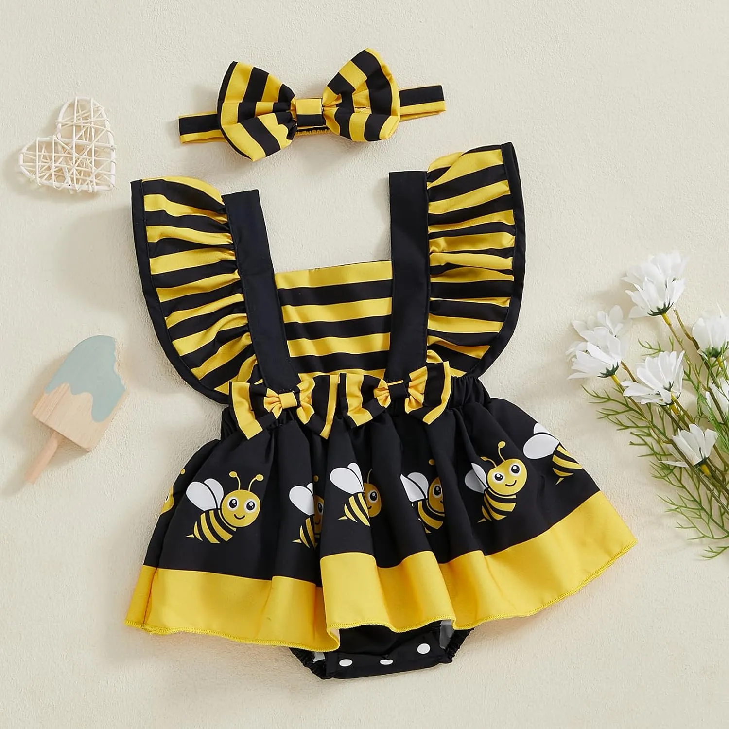 Infant Baby Girl Romper Dress Bee/Ladybug/Cow Ruffle Sleeve Bodysuit Playsuits Cute Newborn Summer Outfit