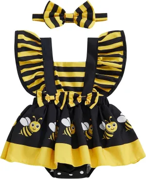 Infant Baby Girl Romper Dress Bee/Ladybug/Cow Ruffle Sleeve Bodysuit Playsuits Cute Newborn Summer Outfit