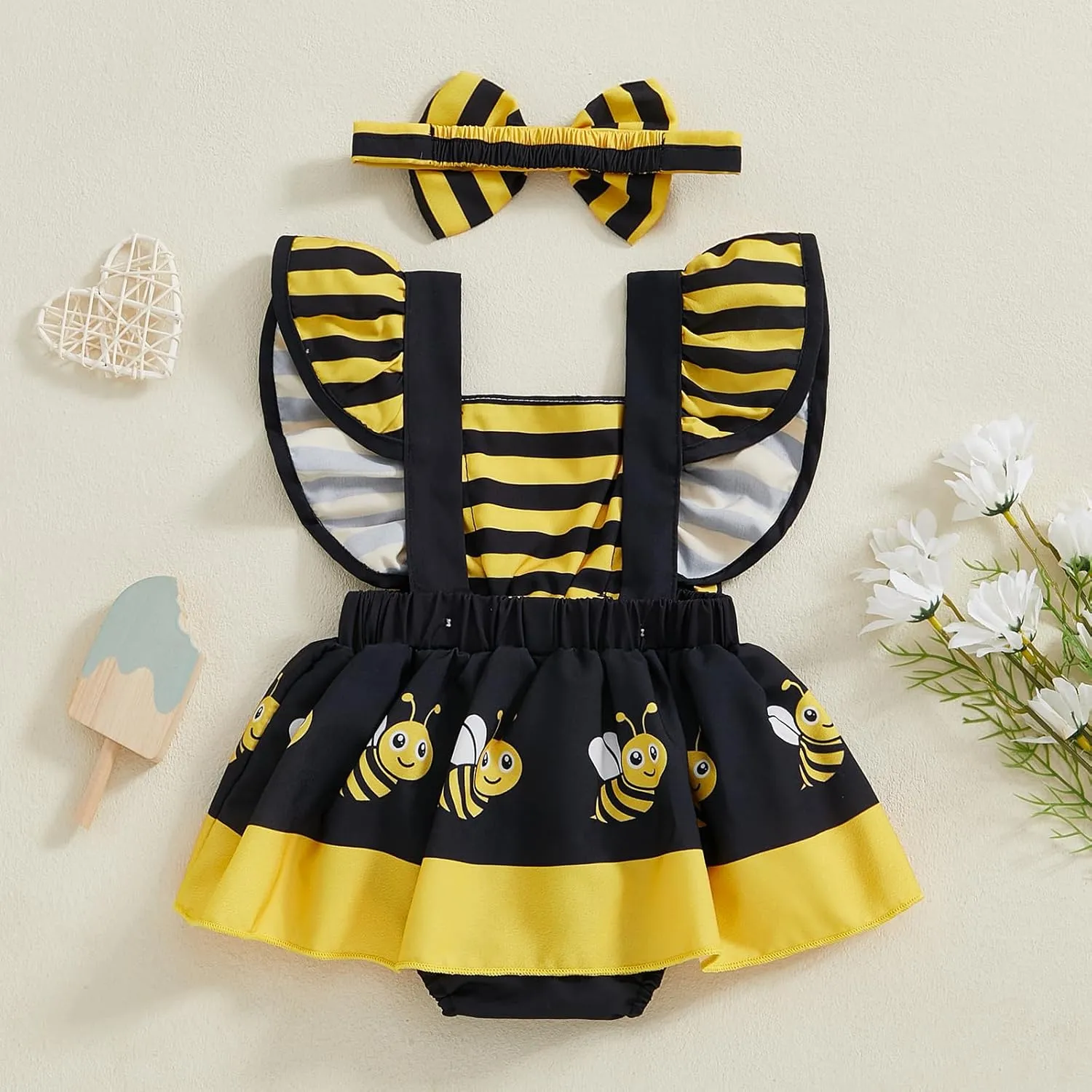 Infant Baby Girl Romper Dress Bee/Ladybug/Cow Ruffle Sleeve Bodysuit Playsuits Cute Newborn Summer Outfit