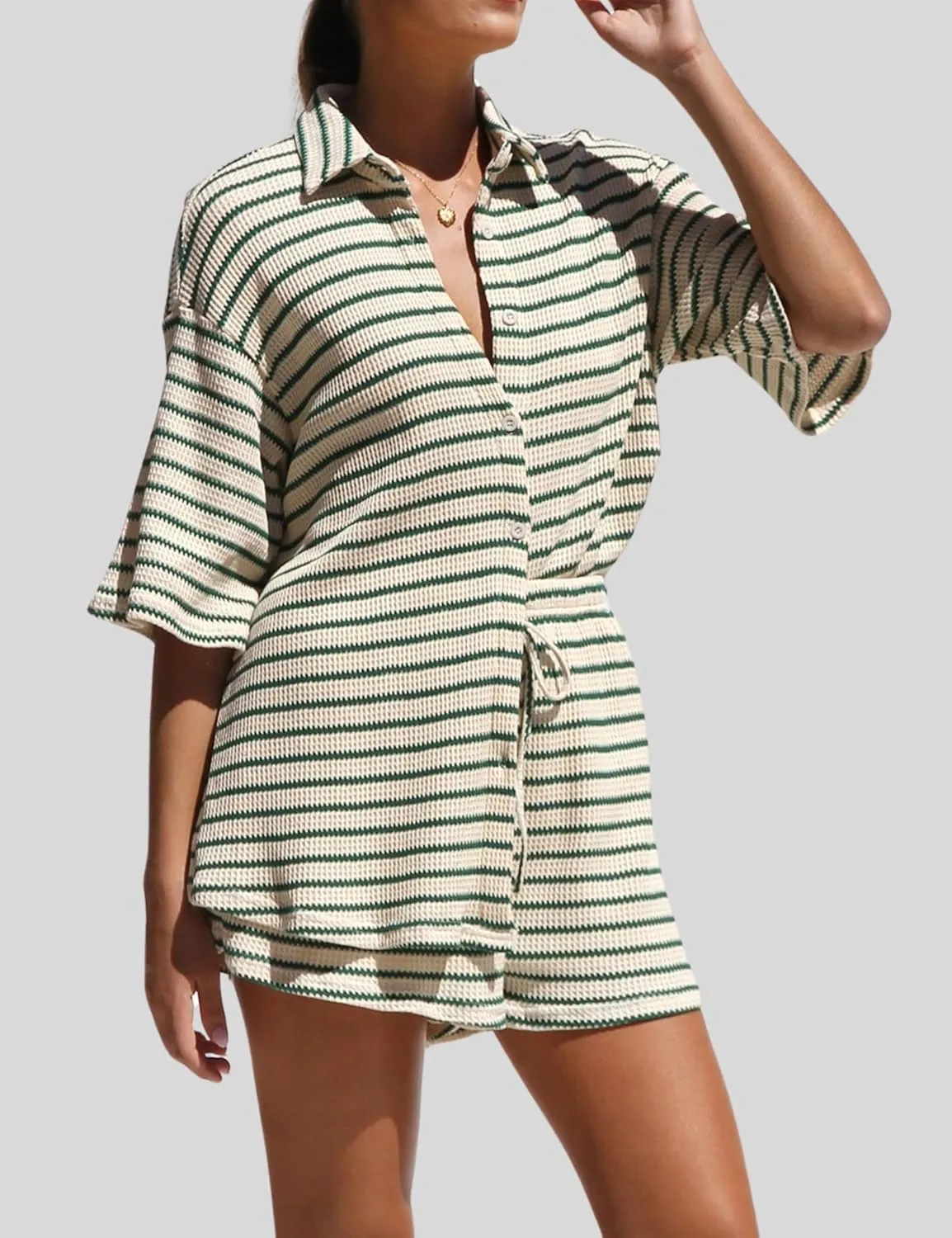 InterNos Womens Striped 2 Piece Sets Casual Button Down Short Sleeve Shirt Drawstring Shorts Summer Outfit Set