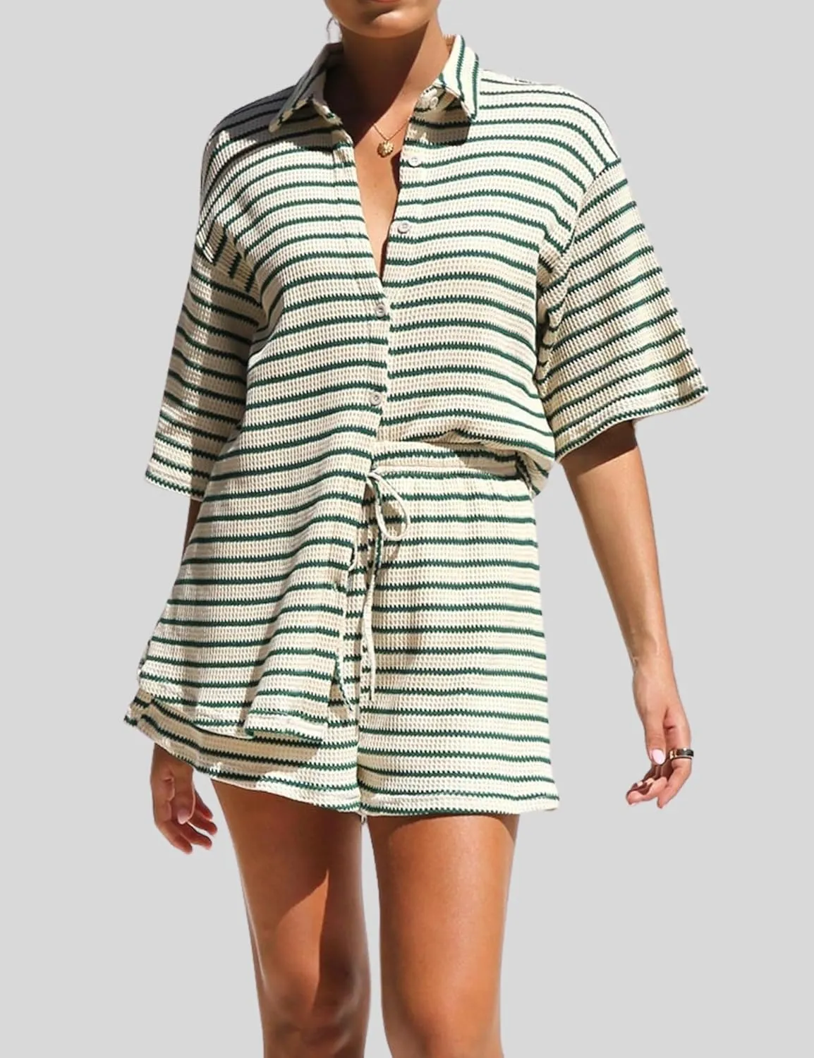 InterNos Womens Striped 2 Piece Sets Casual Button Down Short Sleeve Shirt Drawstring Shorts Summer Outfit Set
