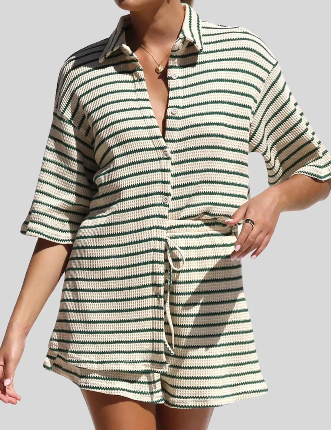 InterNos Womens Striped 2 Piece Sets Casual Button Down Short Sleeve Shirt Drawstring Shorts Summer Outfit Set