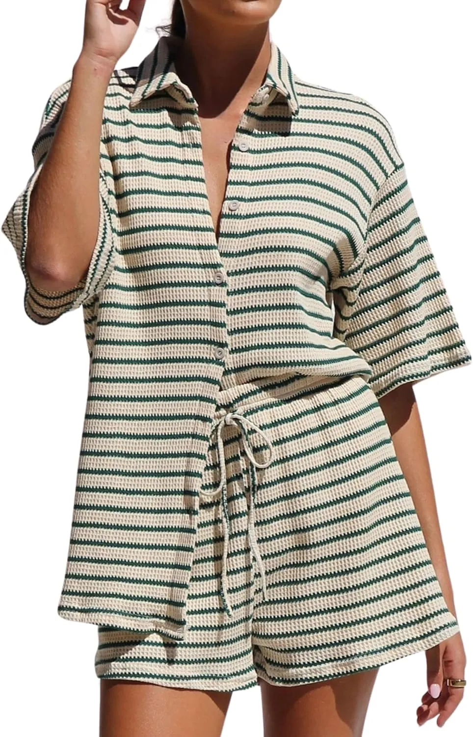 InterNos Womens Striped 2 Piece Sets Casual Button Down Short Sleeve Shirt Drawstring Shorts Summer Outfit Set