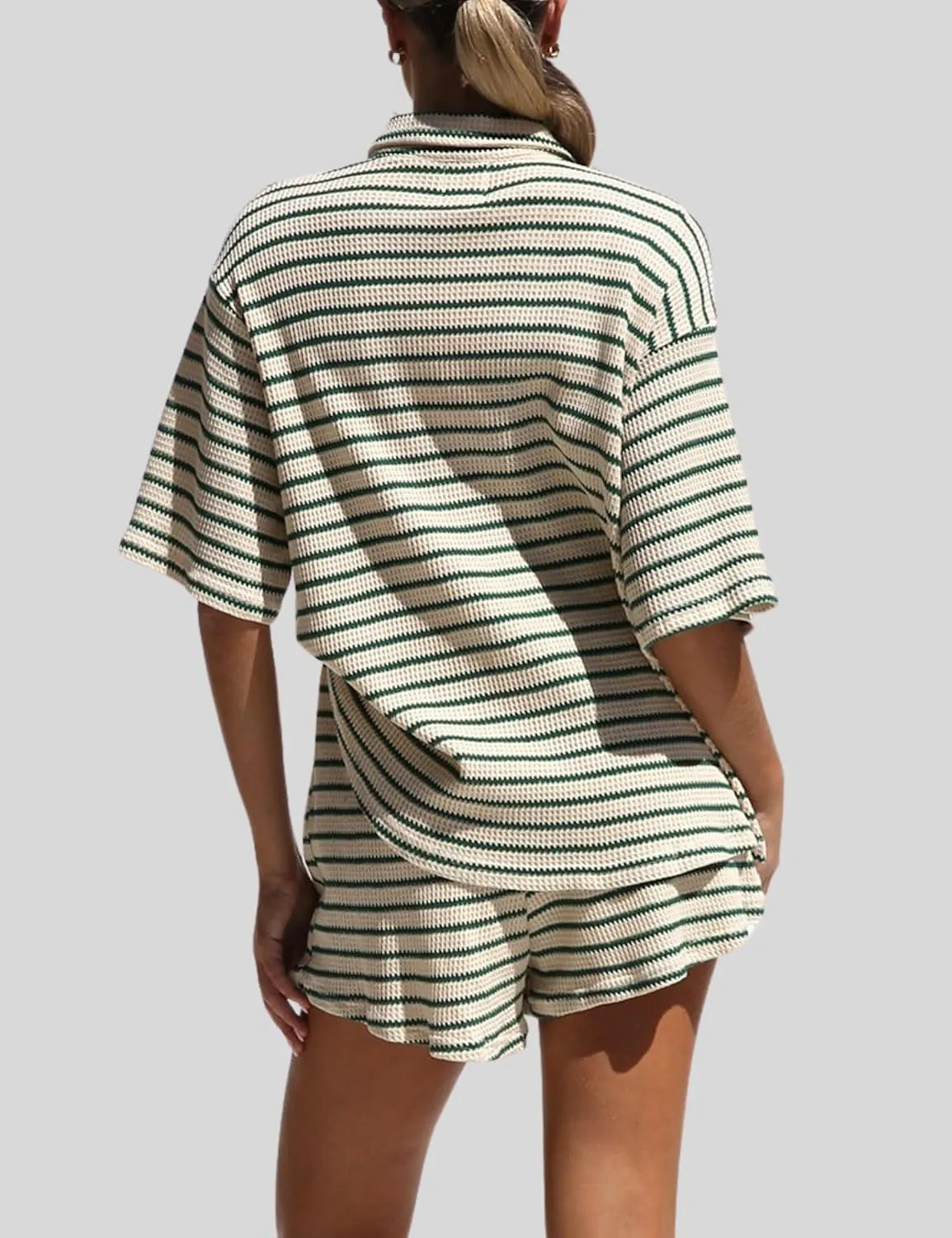 InterNos Womens Striped 2 Piece Sets Casual Button Down Short Sleeve Shirt Drawstring Shorts Summer Outfit Set