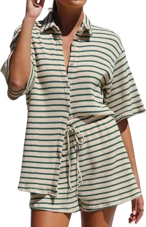 InterNos Womens Striped 2 Piece Sets Casual Button Down Short Sleeve Shirt Drawstring Shorts Summer Outfit Set