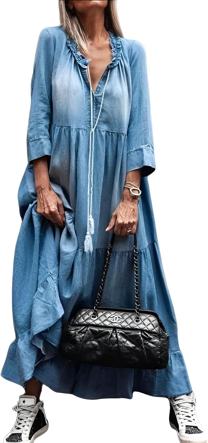 IVERIRMIN Women's 3/4 Sleeve Denim Maxi Dress Casual V-Neck Ruffle Tiered Loose Fit Jean Dresses