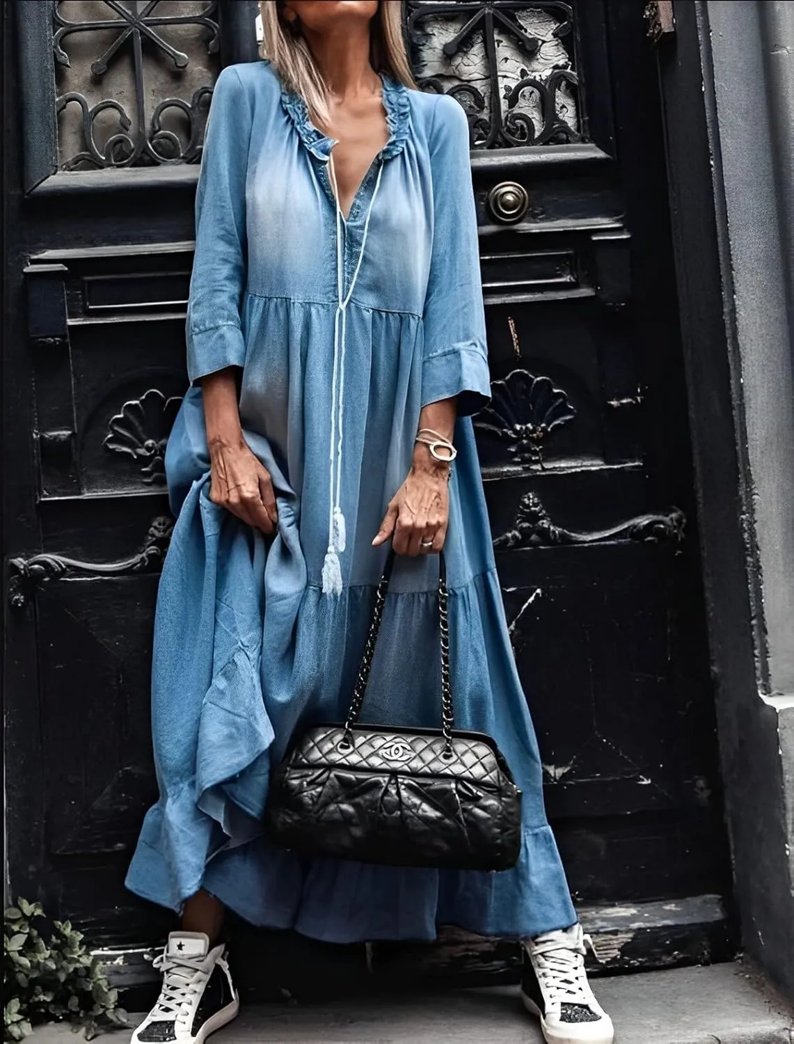 IVERIRMIN Women's 3/4 Sleeve Denim Maxi Dress Casual V-Neck Ruffle Tiered Loose Fit Jean Dresses