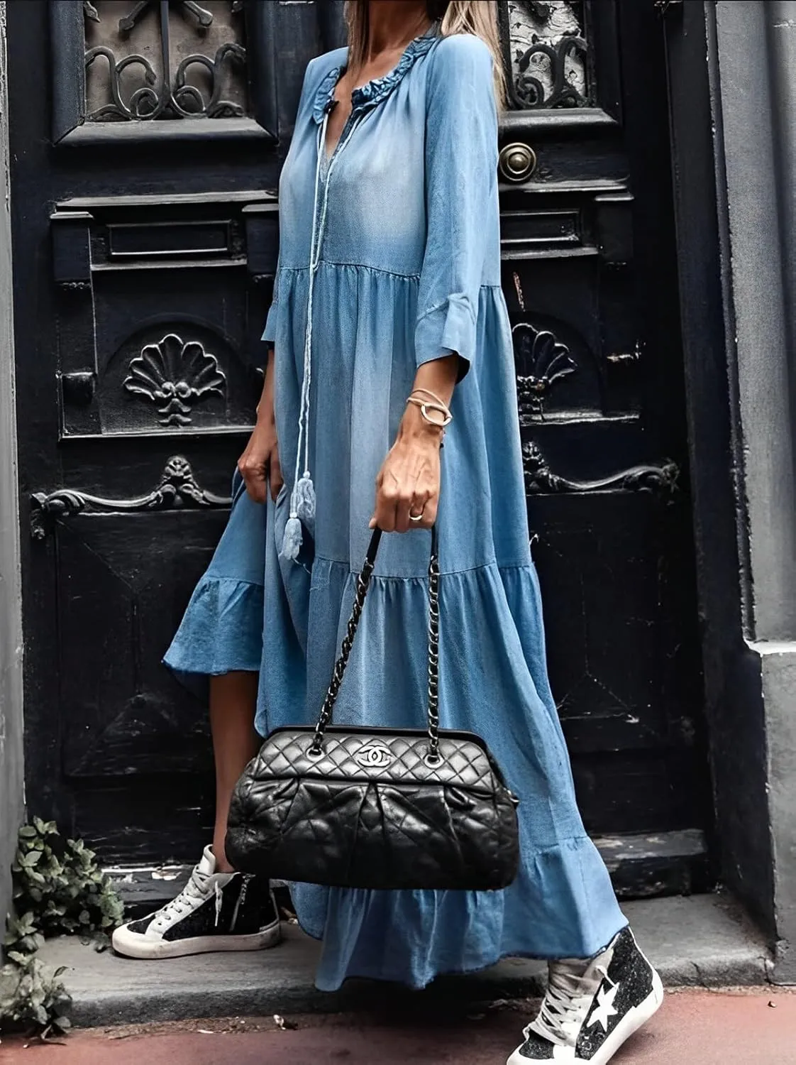 IVERIRMIN Women's 3/4 Sleeve Denim Maxi Dress Casual V-Neck Ruffle Tiered Loose Fit Jean Dresses