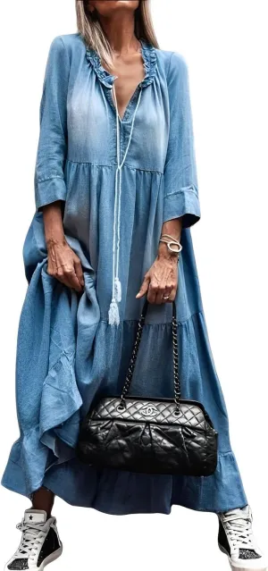 IVERIRMIN Women's 3/4 Sleeve Denim Maxi Dress Casual V-Neck Ruffle Tiered Loose Fit Jean Dresses