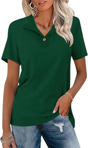 Ivicoer Womens V Neck Short Sleeve Polo Shirts Button Down Collared Tops Work Tunic Blouses Business Casual