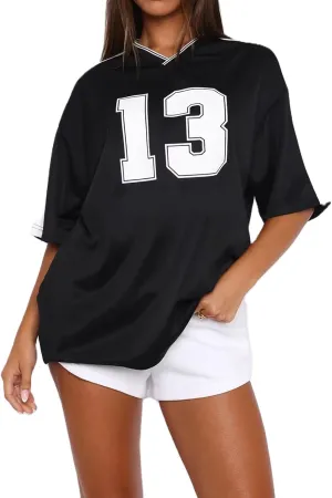 Jersey Shirts for Women Y2k Oversized Graphic Tees Number Print Short Sleeve Drop Shoulder Baggy T-Shirts