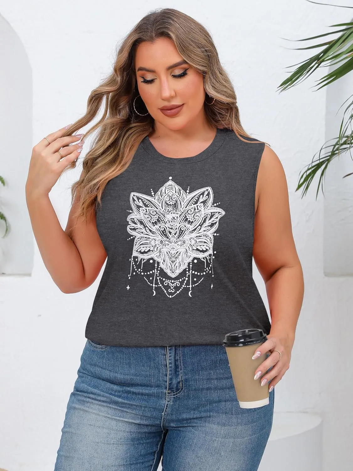 JOELLYUS Women Plus Size Tank Tops Summer Sleeveless Top Crew Neck Casual Blouse Oversized Shirts